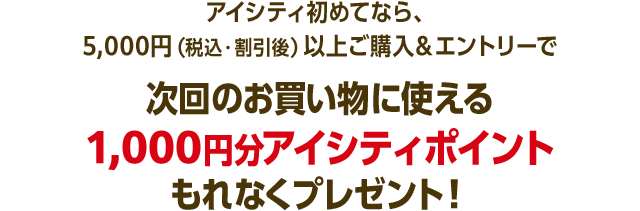アイシティ初めてなら、5,000円（税込・割引後）以上ご購入＆エントリーで次回のお買い物に使える1,000円分アイシティポイントもれなくプレゼント！