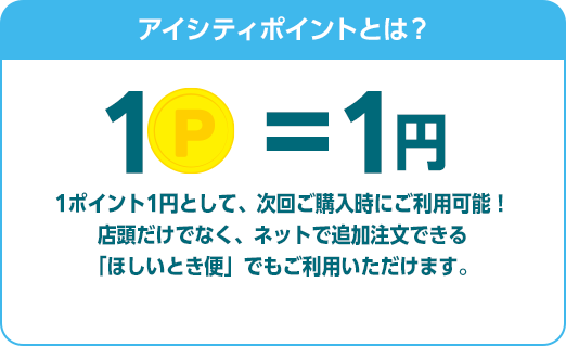 アイシティポイントとは？1ポイント1円として、次回ご購入時にご利用可能！店頭だけでなく、ネットで追加注文できる「ほしいとき便」でもご利用いただけます。