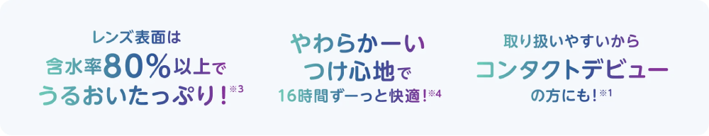 レンズ表面は含水率80%以上でうるおいたっぷり！※3やわらかーいつけ心地で16時間ずーっと快適！※4取り扱いやすいからコンタクトデビューの方にも！※1