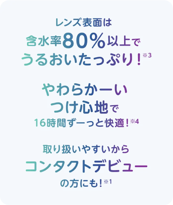 レンズ表面は含水率80%以上でうるおいたっぷり！※3やわらかーいつけ心地で16時間ずーっと快適！※4取り扱いやすいからコンタクトデビューの方にも！※1