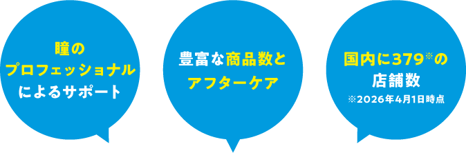 瞳のプロフェッショナルによるサポート 豊富な商品数とアフターケア 国内に379※の店舗数※2026年4月1日時点