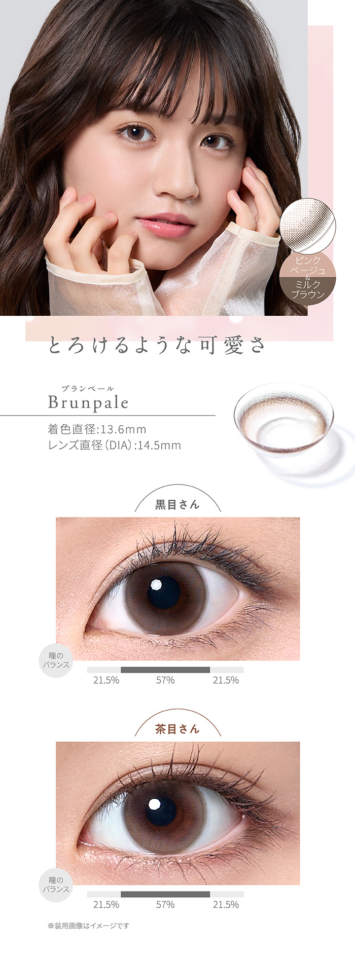 とろけるような可愛さ　Brunpale　ブランペール　ピンクベージュ&ミルクブラウン　着色直径13.6mm　レンズ直径DIA14.5mm