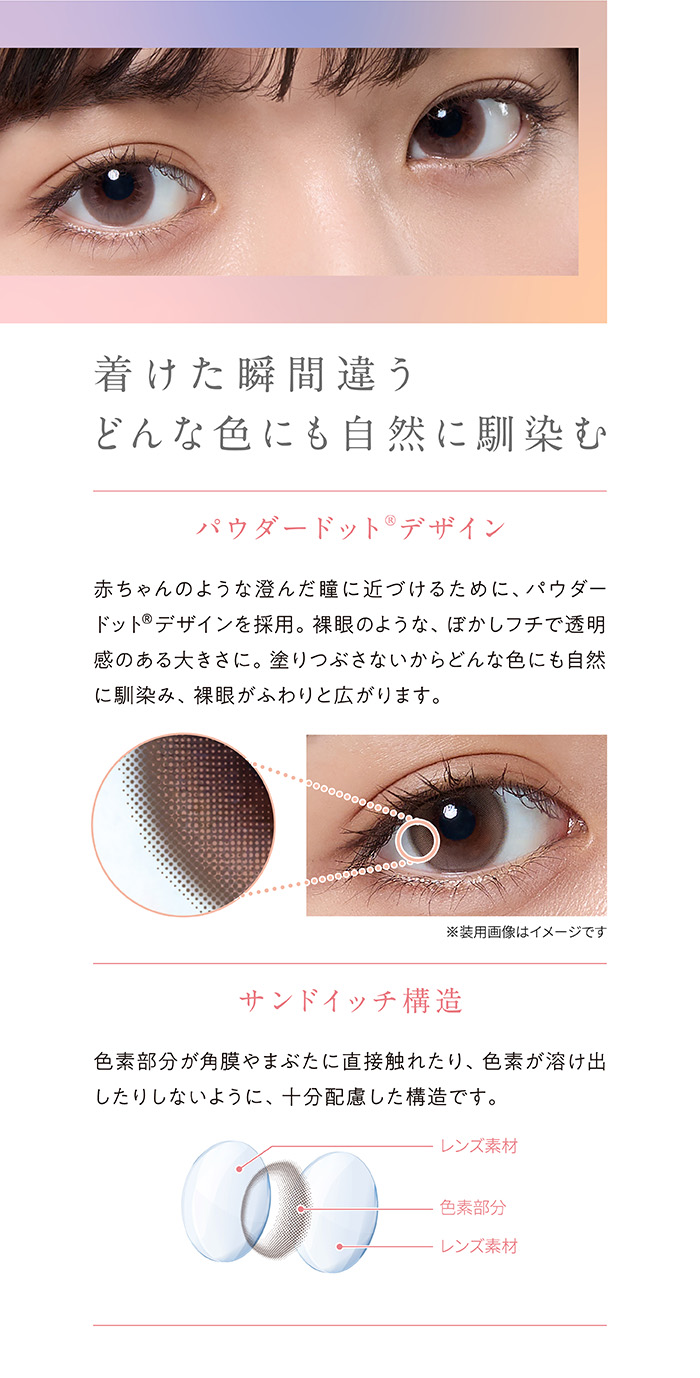着けた瞬間違う、どんな色にも自然に馴染む　パウダードットデザイン　赤ちゃんのような澄んだ瞳に近づけるために、パウダードットデザインを採用。裸眼のような、ぼかしフチで透明感のある大きさに。塗りつぶさないからどんな色にも自然に馴染み、裸眼がふわりと広がります。　サンドイッチ構造　色素部分が角膜やまぶたに直接触れたり、色素が溶け出したりしないように、十分に配慮した構造です。
