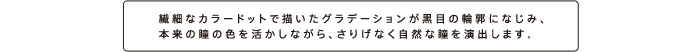 繊細なカラードットで描いたグラデーションが黒目の輪郭になじみ、本来の瞳の色を活かしながら、さりげなく自然な瞳を演出します。