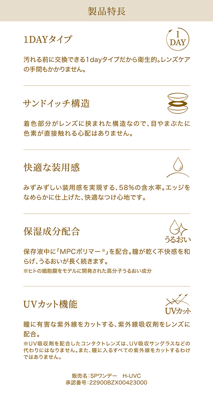 製品特長／1DAYタイプ／サンドイッチ構造／快適な装用感／保湿成分配合／UVカット機能
