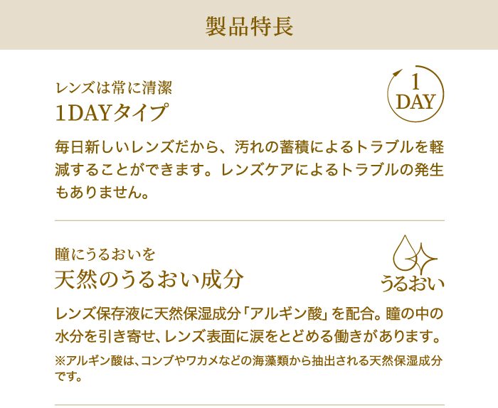 製品特長　レンズは常に清潔　1DAYタイプ　毎日新しいレンズだから、汚れの蓄積によるトラブルを軽減することができます。レンズケアによるトラブルの発生もありません。　　瞳にうるおいを　天然のうるおい成分　レンズ保存液に天然保湿成分「アルギン酸」を配合。瞳の中の水分を引き寄せ、レンズ表面に涙をとどめる働きがあります。※アルギン酸は、コンブやワカメなどの海藻類から抽出される天然保湿成分です。