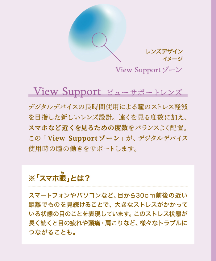 ビューサポートレンズ　デジタルデバイスの長時間使用による瞳のストレス軽減を目指した新しいレンズ設計。遠くを見る度数に加え、スマホなど近くを見るための度数をバランスよく配置。この「View Supportゾーン」が、デジタルデバイス使用時の瞳の働きをサポートします。　※「スマホめ眼」とは？スマートフォンやパソコンなど、目から30cm前後の近い距離でものを見続けることで、大きなストレスがかかっている状態の目のことを表現しています。このストレス状態が長く続くと目の疲れや頭痛・肩こりなど、様々なトラブルにつながることも。
