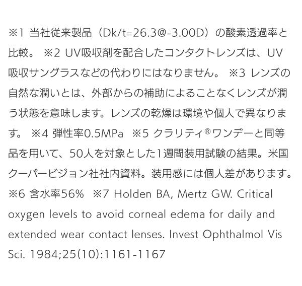 ※1 当社従来製品（Dk/t=26.3@-3.00D）の酸素透過率と比較。 ※2 UV吸収剤を配合したコンタクトレンズは、UV吸収サングラスなどの代わりにはなりません。 ※3 レンズの自然な潤いとは、外部からの補助によることなくレンズが潤う状態を意味します。レンズの乾燥は環境や個人で異なります。 ※4 弾性率0.5MPa ※5 クラリティ ワンデーと同等品を用いて、50人を対象とした1週間装用試験の結果。米国クーパービジョン社社内資料。装用感には個人差があります。 ※6 含水率56% ※7 Holden BA, Mertz GW. Critical oxygen levels to avoid corneal edema for daily and extended wear contact lenses. Invest Ophthalmol Vis Sci. 1984;25(10):1161-1167