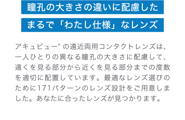 瞳孔の大きさの違いに配慮したまるで「わたし仕様」なレンズ アキュビューR の遠近両用コンタクトレンズは、一人ひとりの異なる瞳孔の大きさに配慮して、 遠くを見る部分から近くを見る部分までの度数を適切に配置しています。最適なレンズ選びのた めに171パターンのレンズ設計をご用意しました。あなたに合ったレンズが見つかります。
