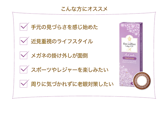 こんな方にオススメ　手元の見づらさを感じ始めた／近見重視のライフスタイル／メガネの掛け外しが面倒／スポーツやレジャーを楽しみたい／周りに気づかれずに老眼対策したい