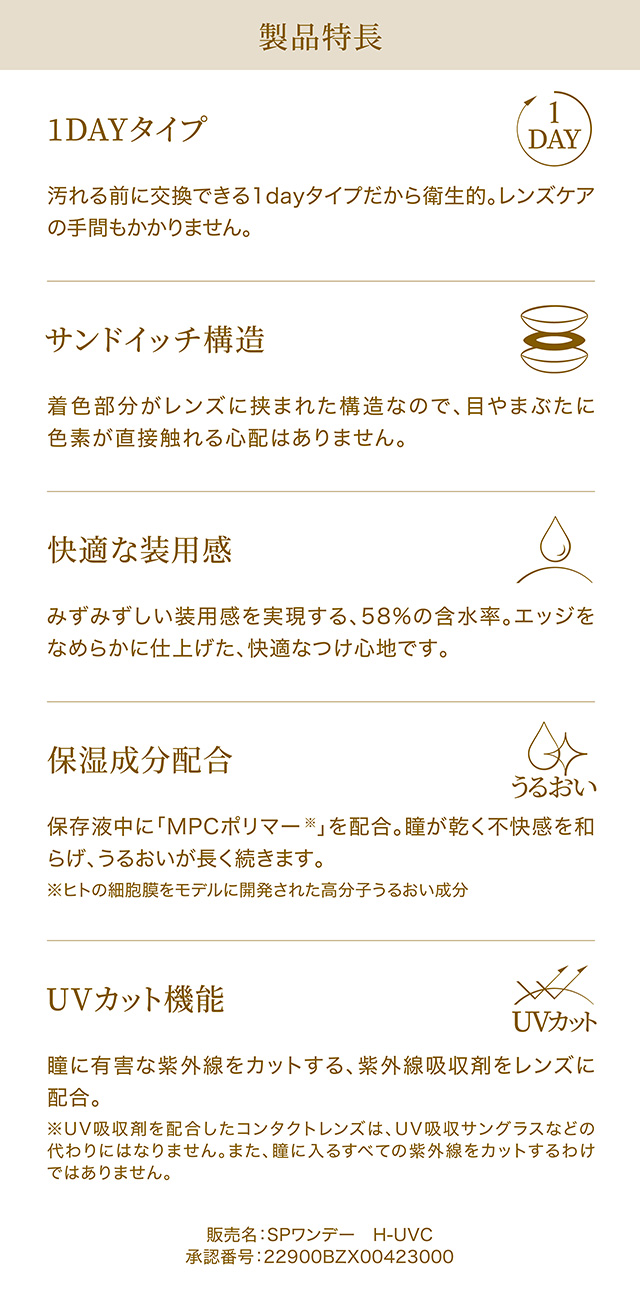 製品特長／1DAYタイプ／サンドイッチ構造／快適な装用感／保湿成分配合／UVカット機能