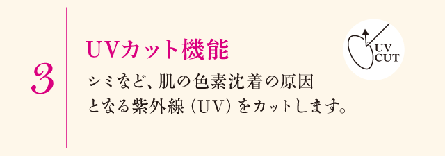 3.UVカット機能　シミなど、肌の色素沈着の原因となる紫外線（UV）をカットします。